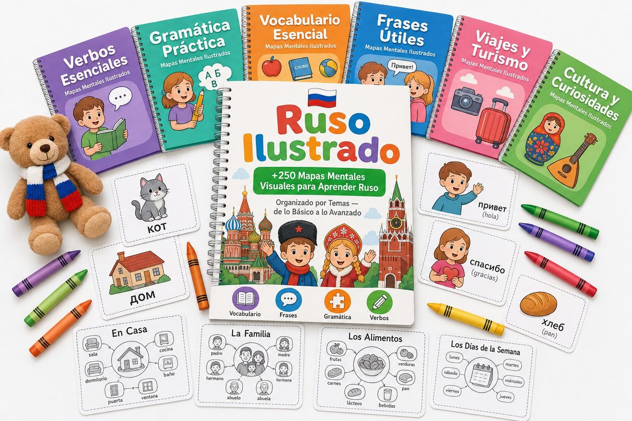 Libro Ruso Ilustrado abierto mostrando mapas mentales de cirílico, gramática y vocabulario